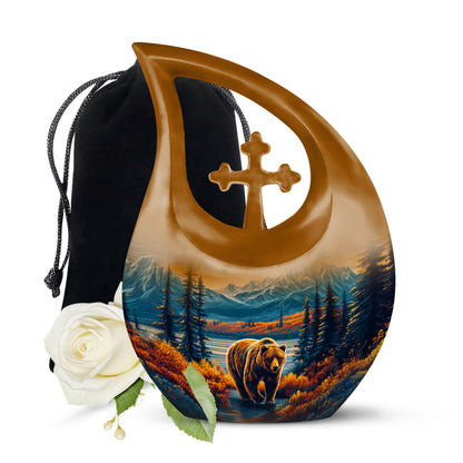 Bright Blue Bear Cremation Urn top-down view of secure threaded lid - devotional cross-drop bear engraving - full-size 10 inch 200 cubic inch adult cremation urn