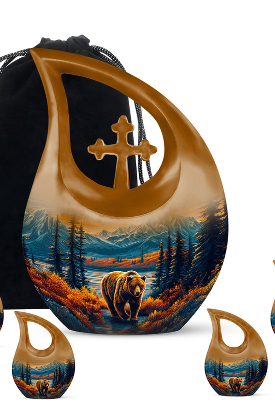 Sky Blue Bear Cremation Urn urn with complimentary velvet bag - cross and bear combined in spiritual memorial design - memorial set with one large and four small urns