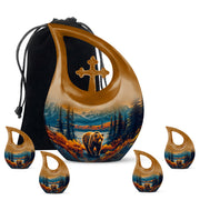 Sky Blue Bear Cremation Urn urn with complimentary velvet bag - cross and bear combined in spiritual memorial design - memorial set with one large and four small urns