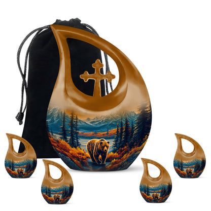 Sky Blue Bear Cremation Urn urn with complimentary velvet bag - cross and bear combined in spiritual memorial design - memorial set with one large and four small urns