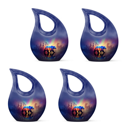 Pastel Blue Bear Cremation Urn lifestyle display on memorial shelf - cross and bear combined in spiritual memorial design - 10 inch aluminum urn for cremated remains
