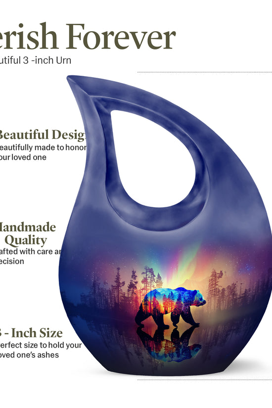 Slate Blue Bear Cremation Urn back view with polished surface - sacred cross merged with bear motif on metal - mini keepsake memorial for portion of cremation ashes