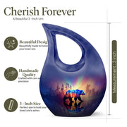 Slate Blue Bear Cremation Urn back view with polished surface - sacred cross merged with bear motif on metal - mini keepsake memorial for portion of cremation ashes