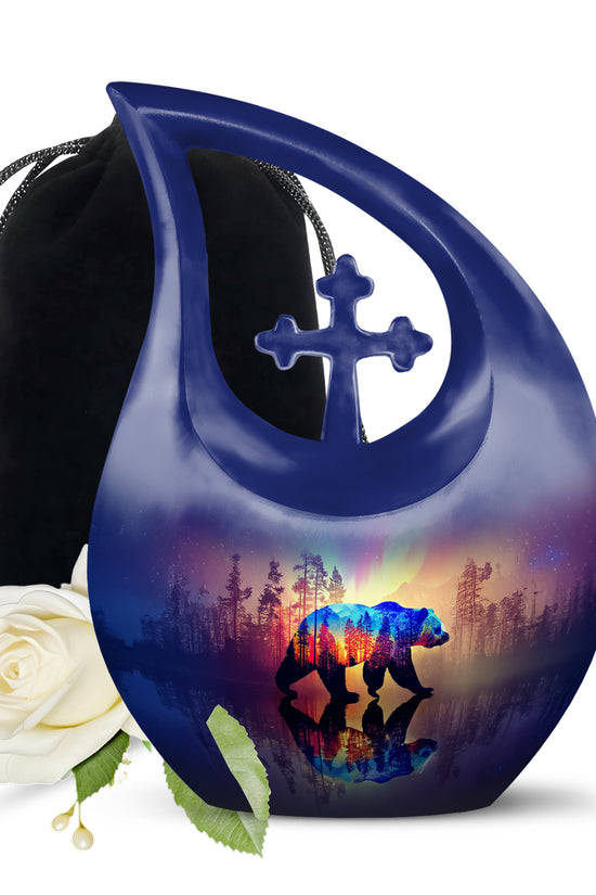 Royal Blue Bear Cremation Urn top-down view of secure threaded lid - faith-inspired cross-drop urn with bear pattern - full-size 10 inch 200 cubic inch adult cremation urn