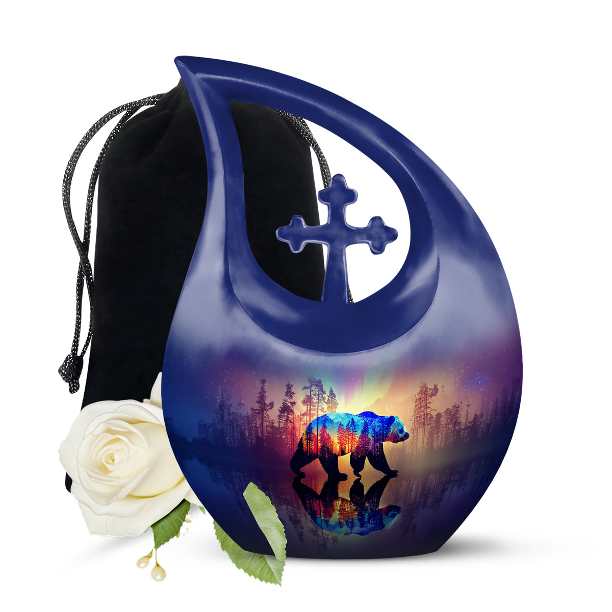 Royal Blue Bear Cremation Urn top-down view of secure threaded lid - faith-inspired cross-drop urn with bear pattern - full-size 10 inch 200 cubic inch adult cremation urn