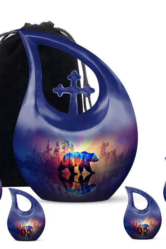 Azure Bear Cremation Urn urn with complimentary velvet bag - cross and bear combined in spiritual memorial design - memorial set with one large and four small urns