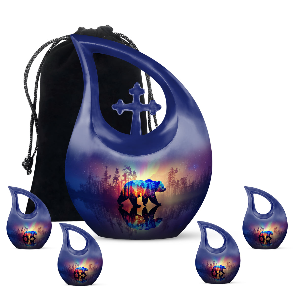 Azure Bear Cremation Urn urn with complimentary velvet bag - cross and bear combined in spiritual memorial design - memorial set with one large and four small urns
