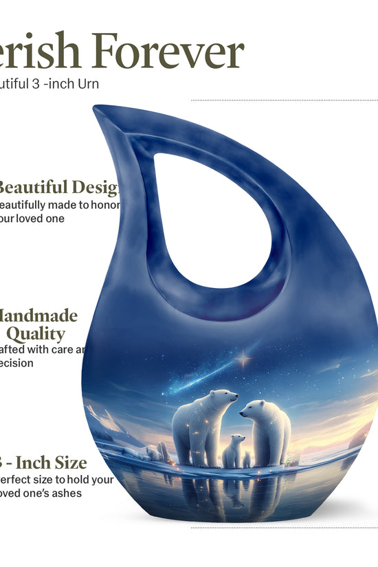 Steel Blue Bear Cremation Urn back view with polished surface - devotional cross-drop bear engraving - mini keepsake memorial for portion of cremation ashes