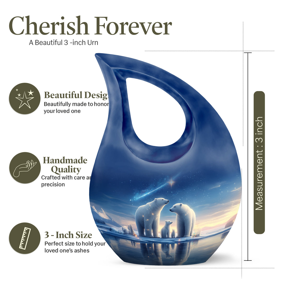 Steel Blue Bear Cremation Urn back view with polished surface - devotional cross-drop bear engraving - mini keepsake memorial for portion of cremation ashes