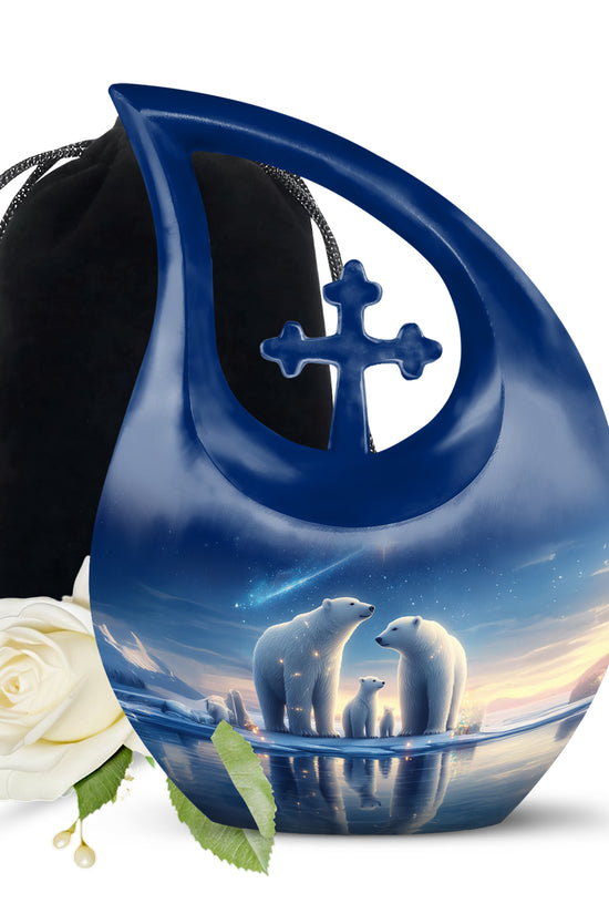 Dusty Blue Bear Cremation Urn top-down view of secure threaded lid - cross and bear combined in spiritual memorial design - full-size 10 inch 200 cubic inch adult cremation urn