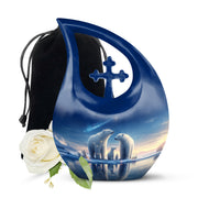 Dusty Blue Bear Cremation Urn top-down view of secure threaded lid - cross and bear combined in spiritual memorial design - full-size 10 inch 200 cubic inch adult cremation urn