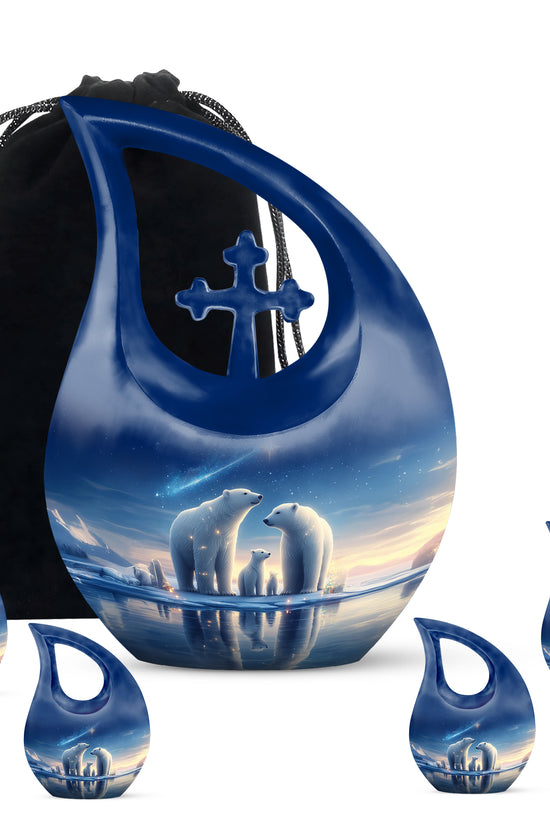 Bright Blue Bear Cremation Urn urn with complimentary velvet bag - devotional cross-drop bear engraving - memorial set with one large and four small urns
