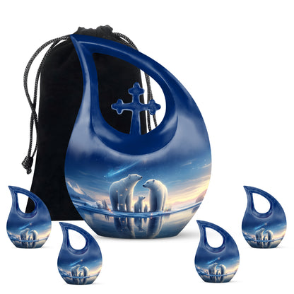 Bright Blue Bear Cremation Urn urn with complimentary velvet bag - devotional cross-drop bear engraving - memorial set with one large and four small urns