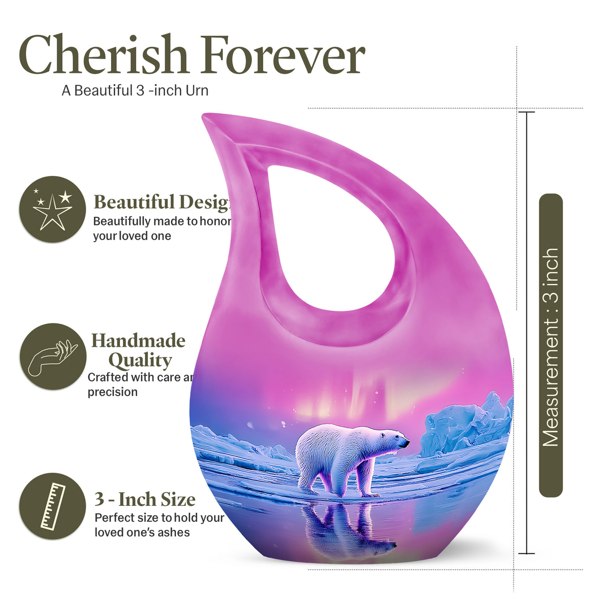 Petal Pink Bear Cremation Urn back view with polished surface - devotional cross-drop bear engraving - mini keepsake memorial for portion of cremation ashes
