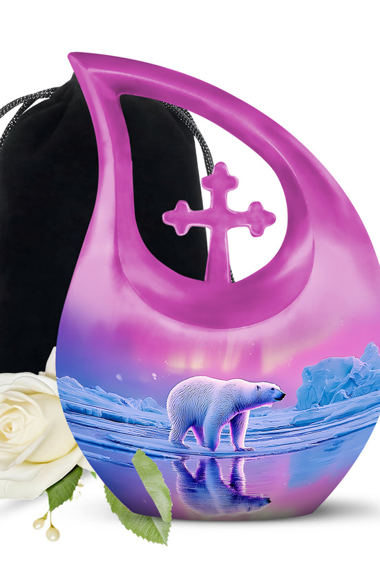 Salmon Pink Bear Cremation Urn top-down view of secure threaded lid - faith-inspired cross-drop urn with bear pattern - full-size 10 inch 200 cubic inch adult cremation urn