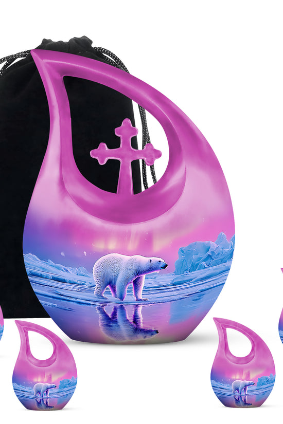 Peony Pink Bear Cremation Urn urn with complimentary velvet bag - cross and bear combined in spiritual memorial design - memorial set with one large and four small urns