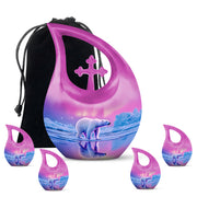 Peony Pink Bear Cremation Urn urn with complimentary velvet bag - cross and bear combined in spiritual memorial design - memorial set with one large and four small urns