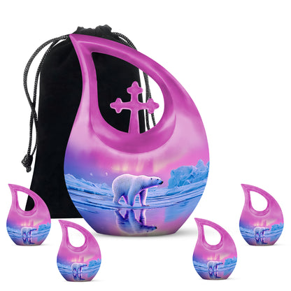 Peony Pink Bear Cremation Urn urn with complimentary velvet bag - cross and bear combined in spiritual memorial design - memorial set with one large and four small urns