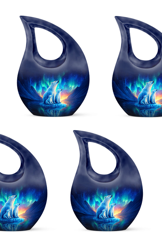 Indigo Bear Cremation Urn lifestyle display on memorial shelf - cross and bear combined in spiritual memorial design - 10 inch aluminum urn for cremated remains