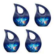 Indigo Bear Cremation Urn lifestyle display on memorial shelf - cross and bear combined in spiritual memorial design - 10 inch aluminum urn for cremated remains