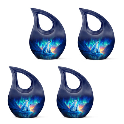Indigo Bear Cremation Urn lifestyle display on memorial shelf - cross and bear combined in spiritual memorial design - 10 inch aluminum urn for cremated remains