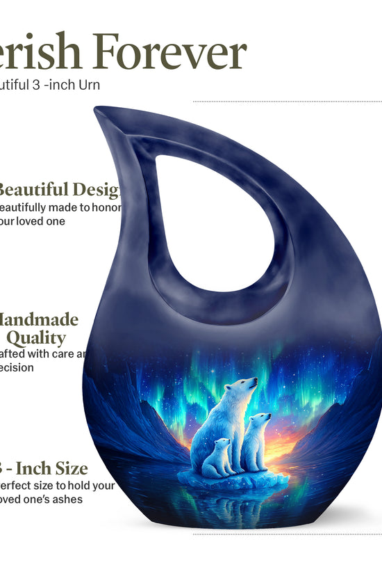 Vivid Blue Bear Cremation Urn back view with polished surface - devotional cross-drop bear engraving - mini keepsake memorial for portion of cremation ashes