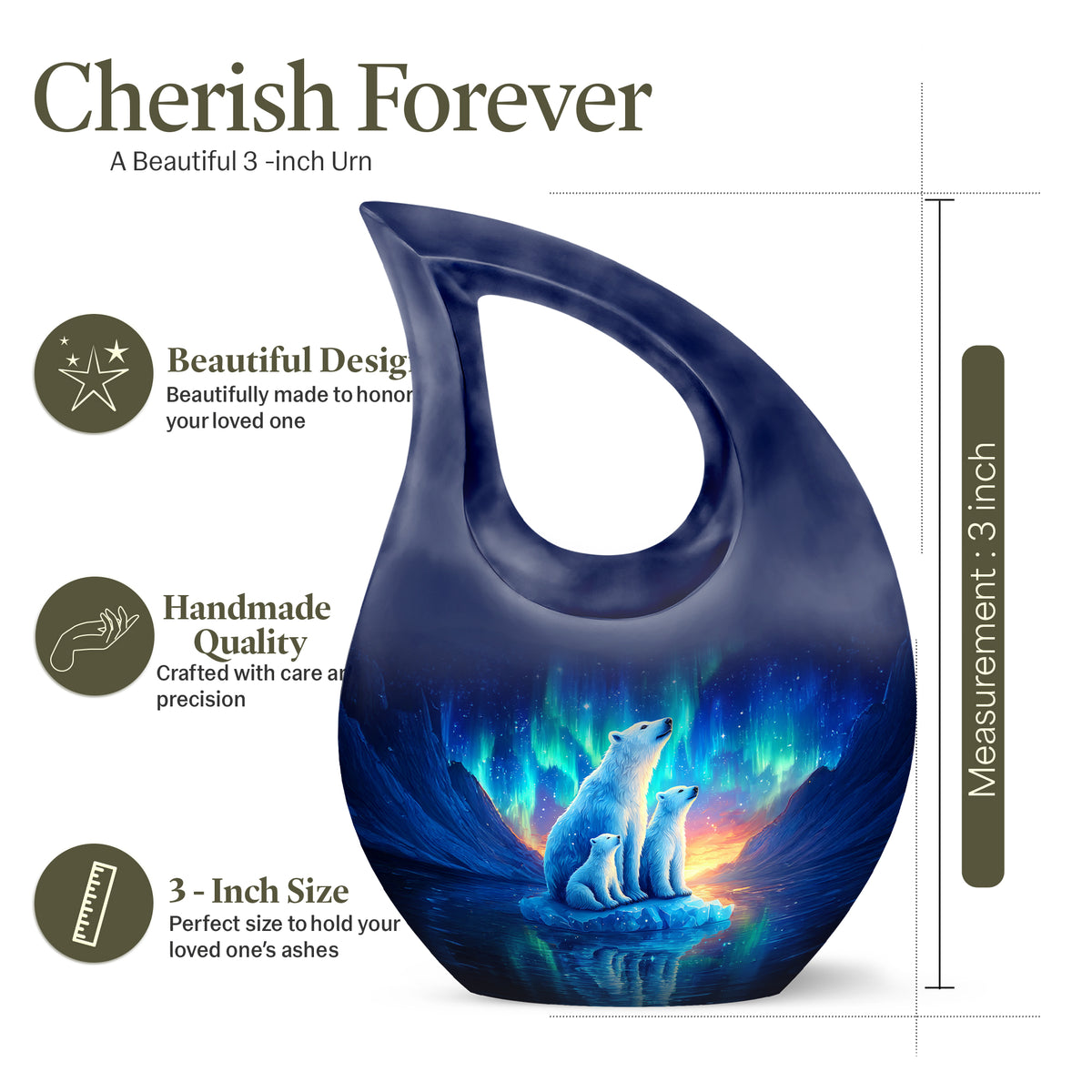 Vivid Blue Bear Cremation Urn back view with polished surface - devotional cross-drop bear engraving - mini keepsake memorial for portion of cremation ashes