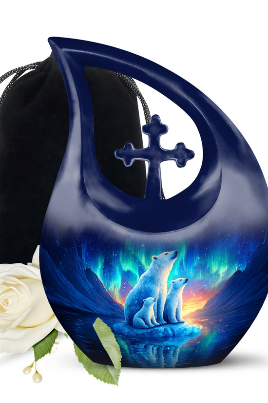 Icy Blue Bear Cremation Urn top-down view of secure threaded lid - cross and bear combined in spiritual memorial design - full-size 10 inch 200 cubic inch adult cremation urn