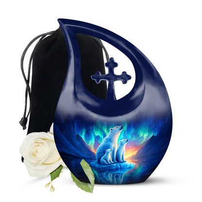 Icy Blue Bear Cremation Urn top-down view of secure threaded lid - cross and bear combined in spiritual memorial design - full-size 10 inch 200 cubic inch adult cremation urn