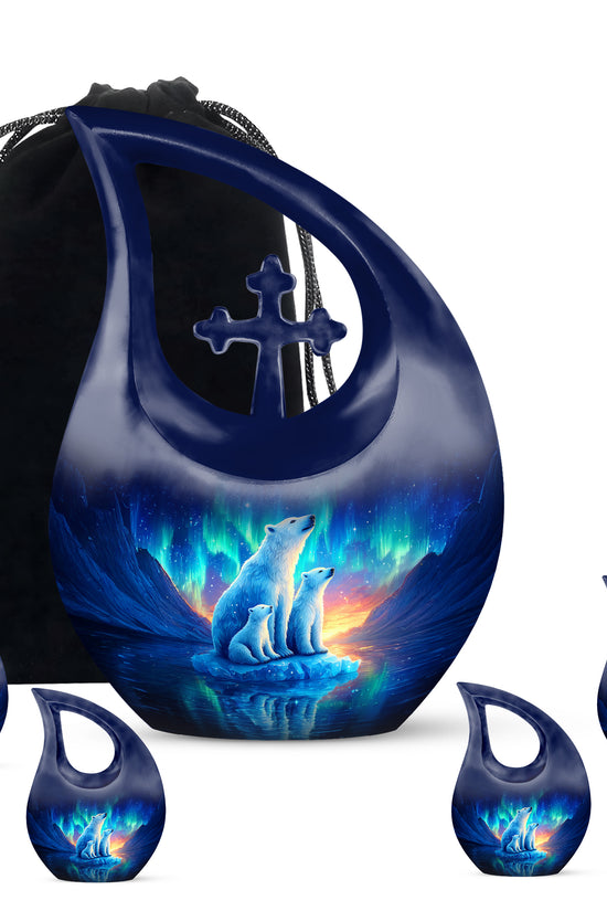 Cornflower Blue Bear Cremation Urn urn with complimentary velvet bag - faith-inspired cross-drop urn with bear pattern - memorial set with one large and four small urns
