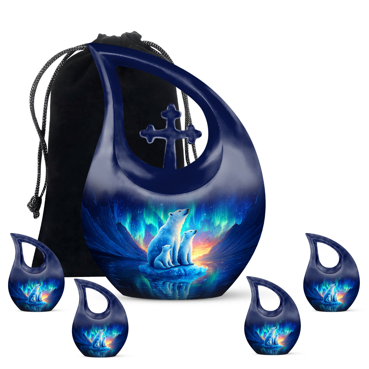 Cornflower Blue Bear Cremation Urn urn with complimentary velvet bag - faith-inspired cross-drop urn with bear pattern - memorial set with one large and four small urns