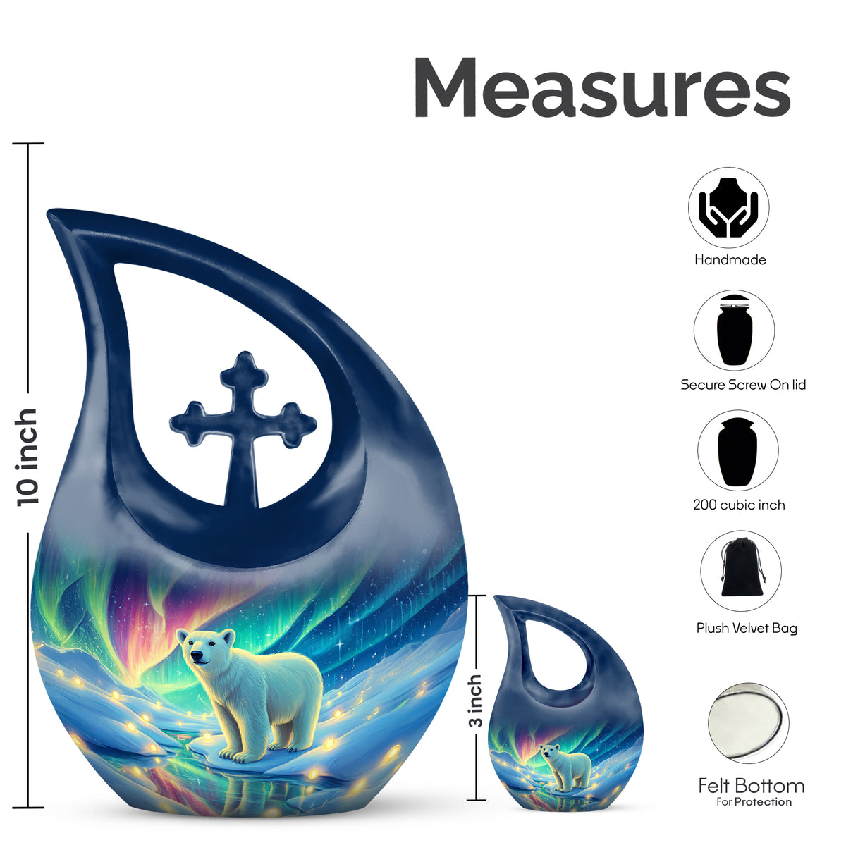 Cobalt Blue Bear Cremation Urn back view with polished surface - faith-inspired cross-drop urn with bear pattern - mini keepsake memorial for portion of cremation ashes
