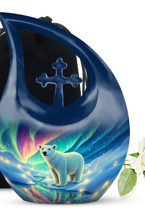 Twilight Blue Bear Cremation Urn top-down view of secure threaded lid - devotional cross-drop bear engraving - full-size 10 inch 200 cubic inch adult cremation urn