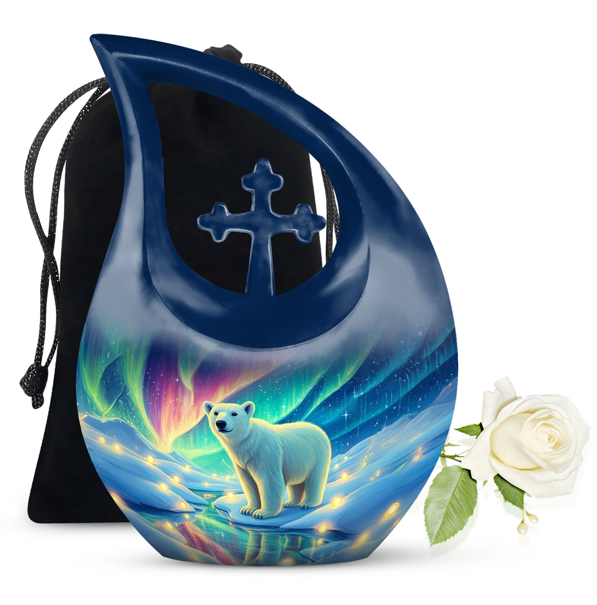Twilight Blue Bear Cremation Urn top-down view of secure threaded lid - devotional cross-drop bear engraving - full-size 10 inch 200 cubic inch adult cremation urn