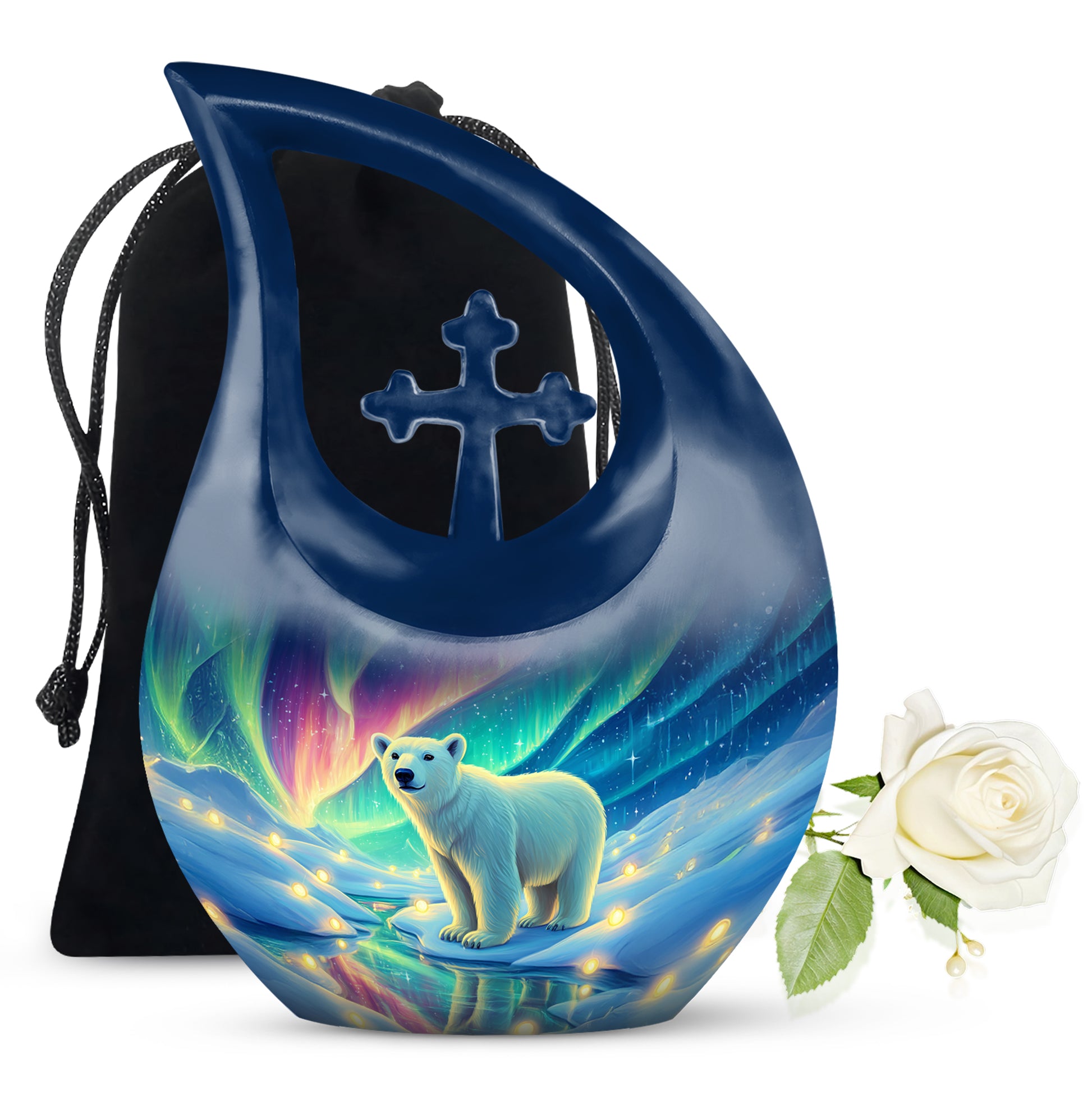 Twilight Blue Bear Cremation Urn top-down view of secure threaded lid - devotional cross-drop bear engraving - full-size 10 inch 200 cubic inch adult cremation urn
