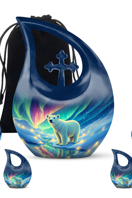 Calming Blue Bear Cremation Urn urn with complimentary velvet bag - devotional cross-drop bear engraving - memorial set with one large and four small urns