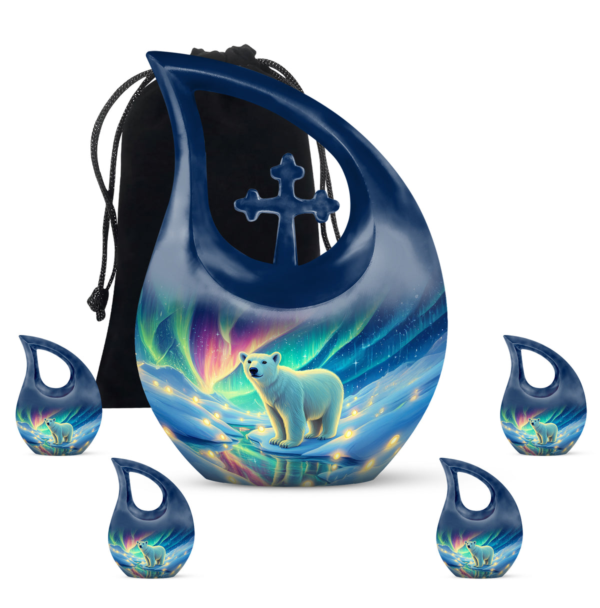 Calming Blue Bear Cremation Urn urn with complimentary velvet bag - devotional cross-drop bear engraving - memorial set with one large and four small urns