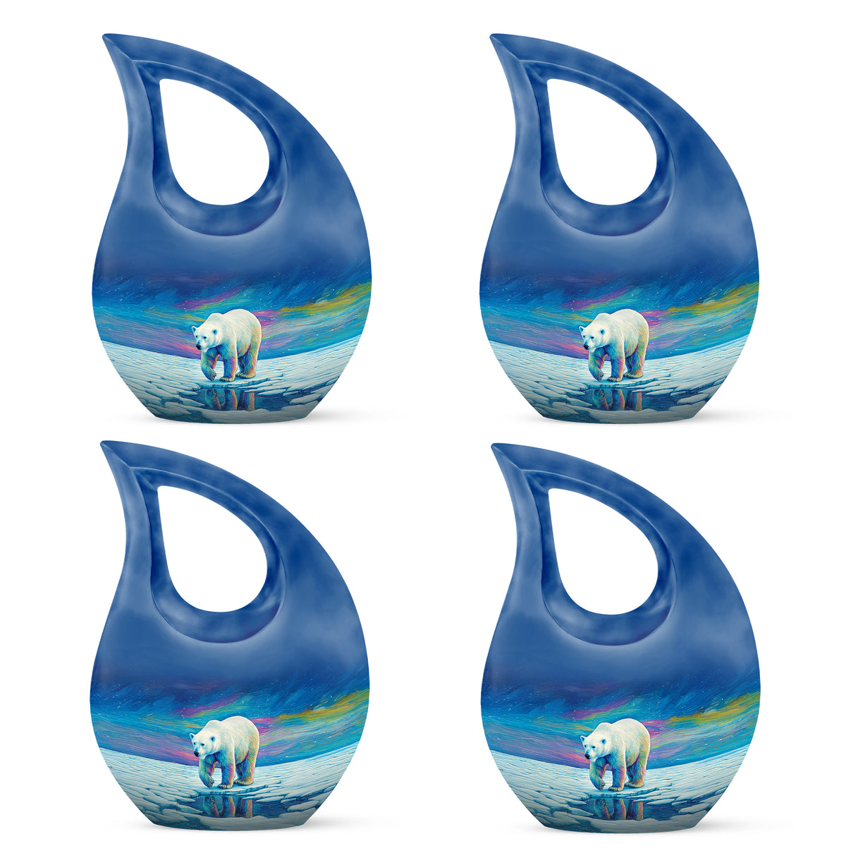 Soft Blue Bear Cremation Urn lifestyle display on memorial shelf - devotional cross-drop bear engraving - 10 inch aluminum urn for cremated remains