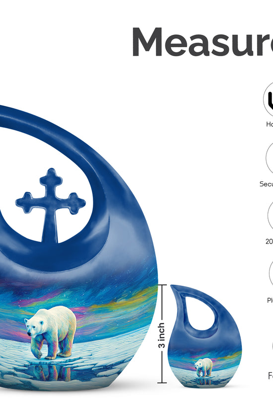 Navy Blue Bear Cremation Urn back view with polished surface - cross and bear combined in spiritual memorial design - mini keepsake memorial for portion of cremation ashes