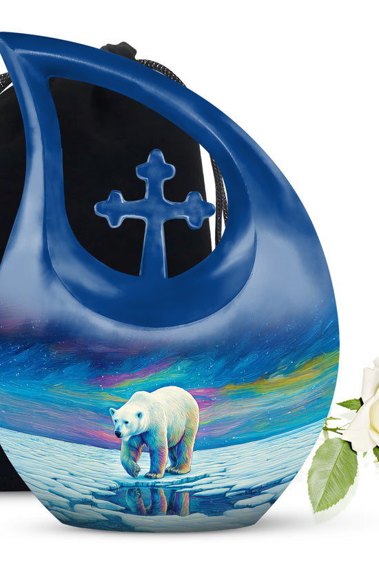 Vivid Blue Bear Cremation Urn top-down view of secure threaded lid - faith-inspired cross-drop urn with bear pattern - full-size 10 inch 200 cubic inch adult cremation urn