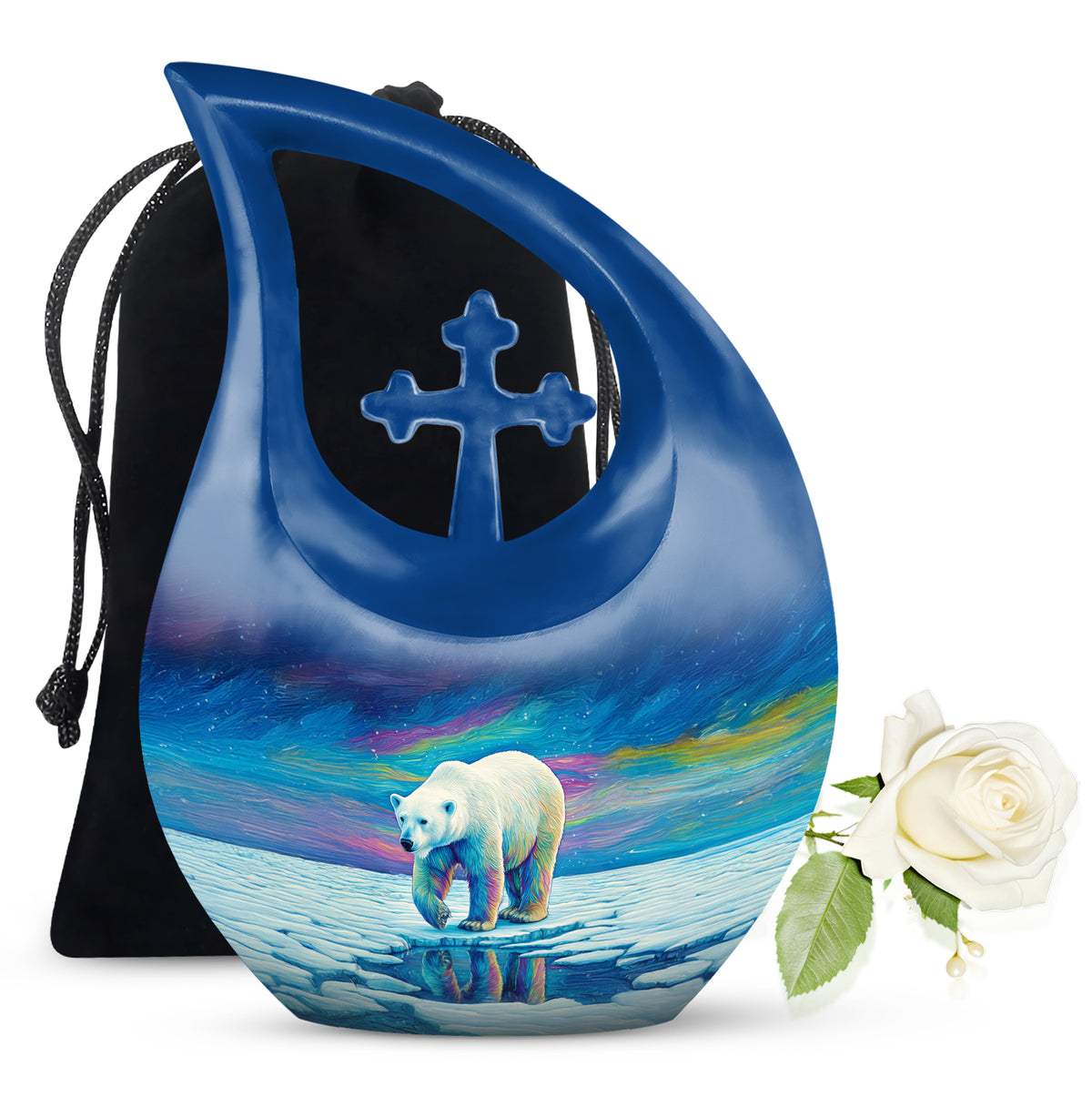 Vivid Blue Bear Cremation Urn top-down view of secure threaded lid - faith-inspired cross-drop urn with bear pattern - full-size 10 inch 200 cubic inch adult cremation urn