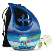 Vivid Blue Bear Cremation Urn top-down view of secure threaded lid - faith-inspired cross-drop urn with bear pattern - full-size 10 inch 200 cubic inch adult cremation urn