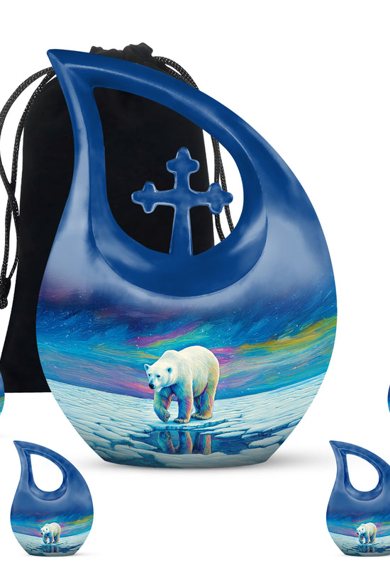 Calming Blue Bear Cremation Urn urn with complimentary velvet bag - faith-inspired cross-drop urn with bear pattern - memorial set with one large and four small urns