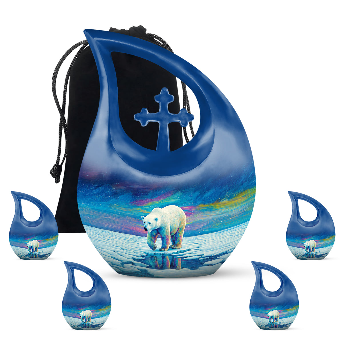 Calming Blue Bear Cremation Urn urn with complimentary velvet bag - faith-inspired cross-drop urn with bear pattern - memorial set with one large and four small urns