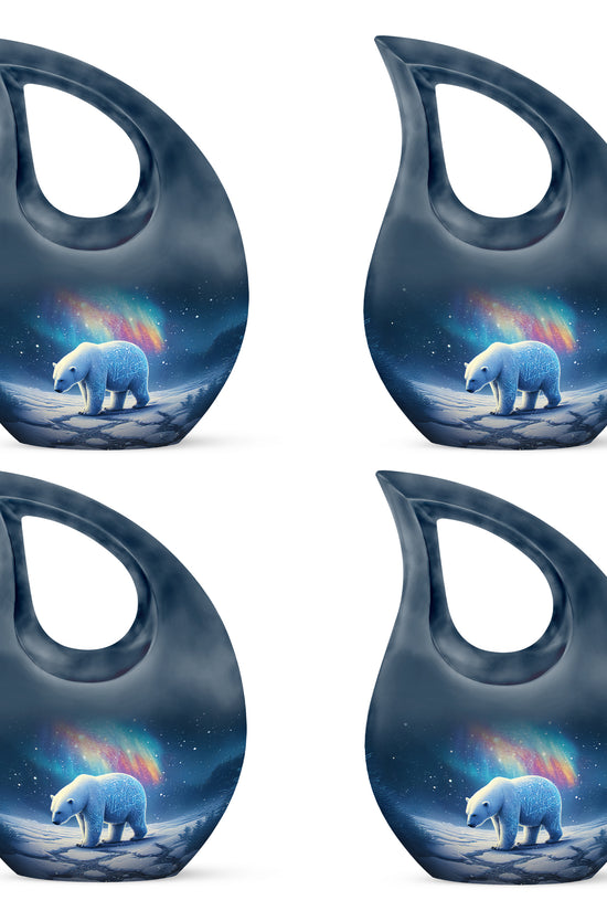 Sapphire Blue Bear Cremation Urn lifestyle display on memorial shelf - faith-inspired cross-drop urn with bear pattern - 10 inch aluminum urn for cremated remains