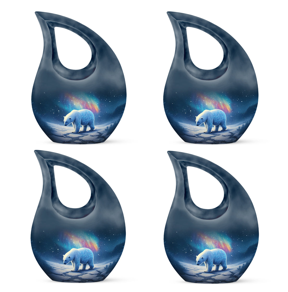 Sapphire Blue Bear Cremation Urn lifestyle display on memorial shelf - faith-inspired cross-drop urn with bear pattern - 10 inch aluminum urn for cremated remains