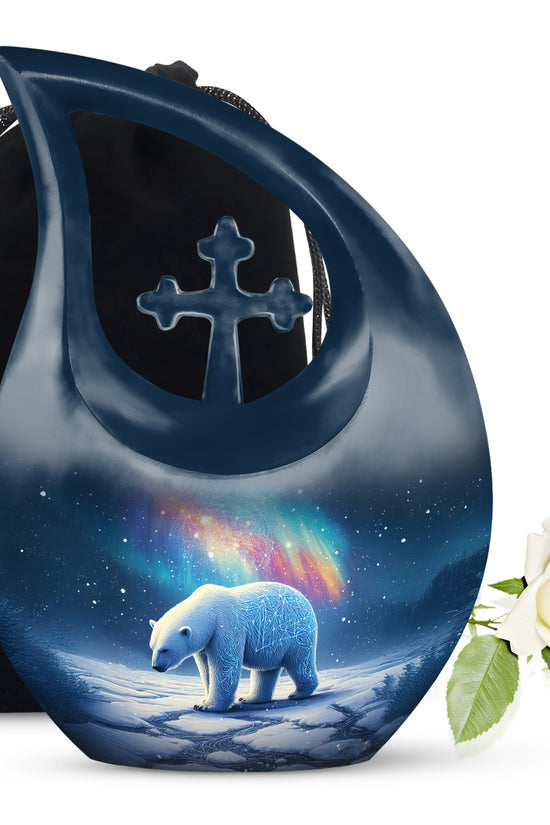 Dusty Blue Bear Cremation Urn top-down view of secure threaded lid - sacred cross merged with bear motif on metal - full-size 10 inch 200 cubic inch adult cremation urn