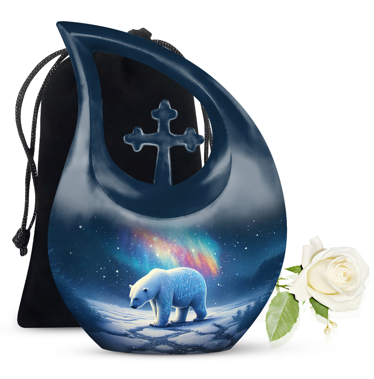 Dusty Blue Bear Cremation Urn top-down view of secure threaded lid - sacred cross merged with bear motif on metal - full-size 10 inch 200 cubic inch adult cremation urn