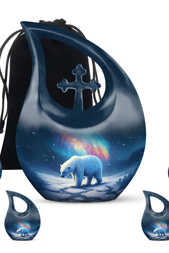 Vivid Blue Bear Cremation Urn urn with complimentary velvet bag - faith-inspired cross-drop urn with bear pattern - memorial set with one large and four small urns