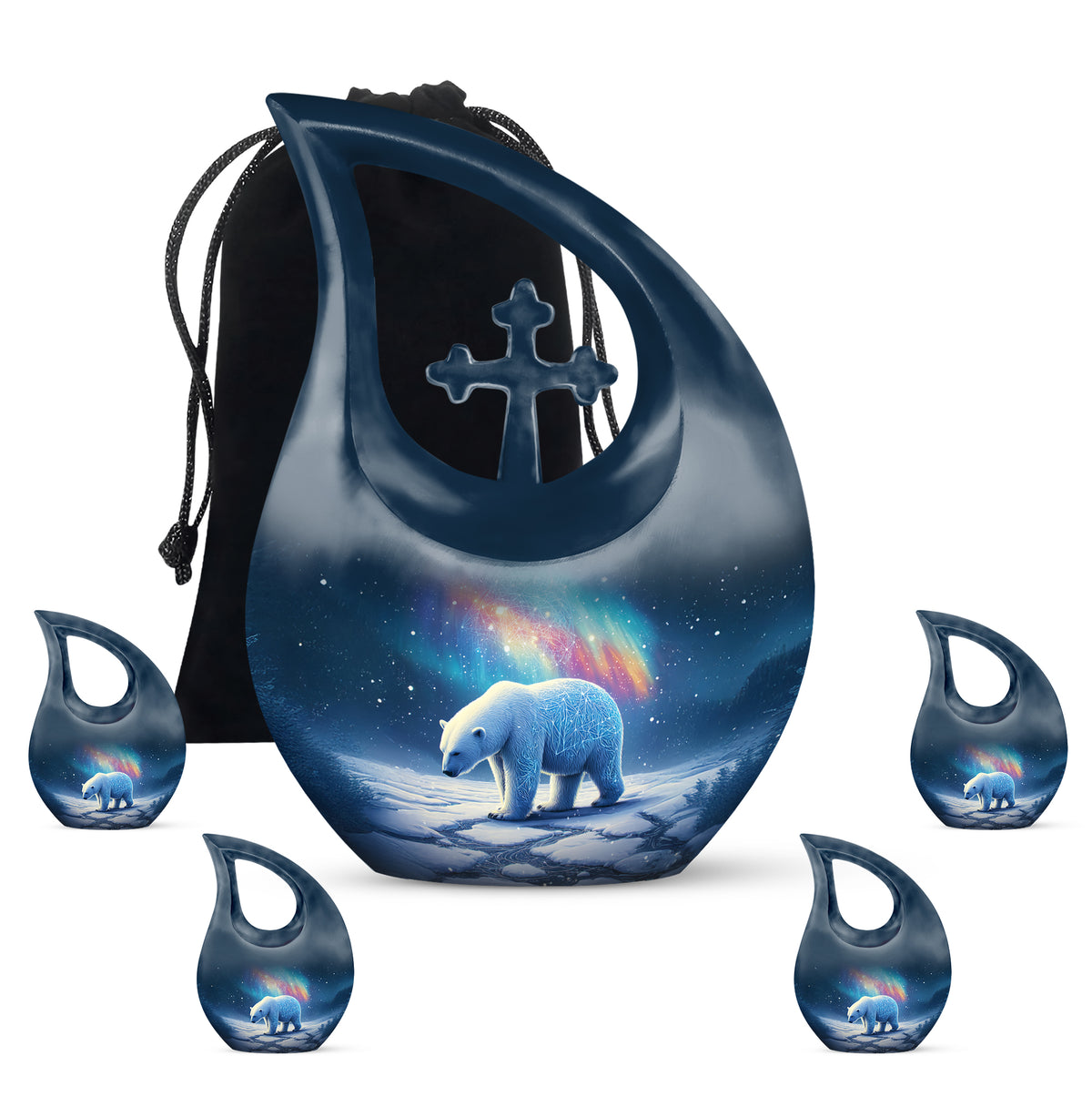 Vivid Blue Bear Cremation Urn urn with complimentary velvet bag - faith-inspired cross-drop urn with bear pattern - memorial set with one large and four small urns